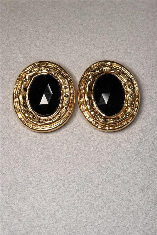 Nova Siyah Taşlı Altın Renk Vintage Stil Büyük Oval Küpe